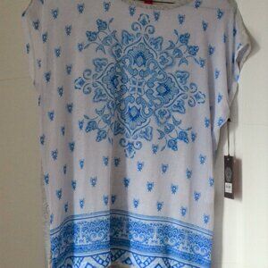 Vince Camuto blue and white sheer front top, size XS